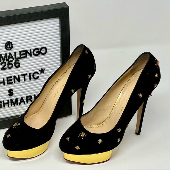 Our vintage Charlotte Olympia Dolly Spider-Studded Suede Platform Pumps. - Picture 2 of 11